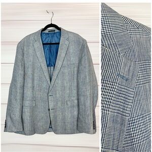 Lauren Ralph Lauren Slim Fit 100% Linen Blazer 50R Blue Ivory Glen Plaid Slim